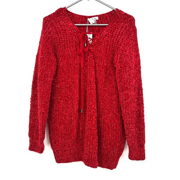 Simply Noelle Size S/M 8-10 Sweater Red Chunky Knit Lace Up Neck NWT Fall Autumn - Picture 1 of 5